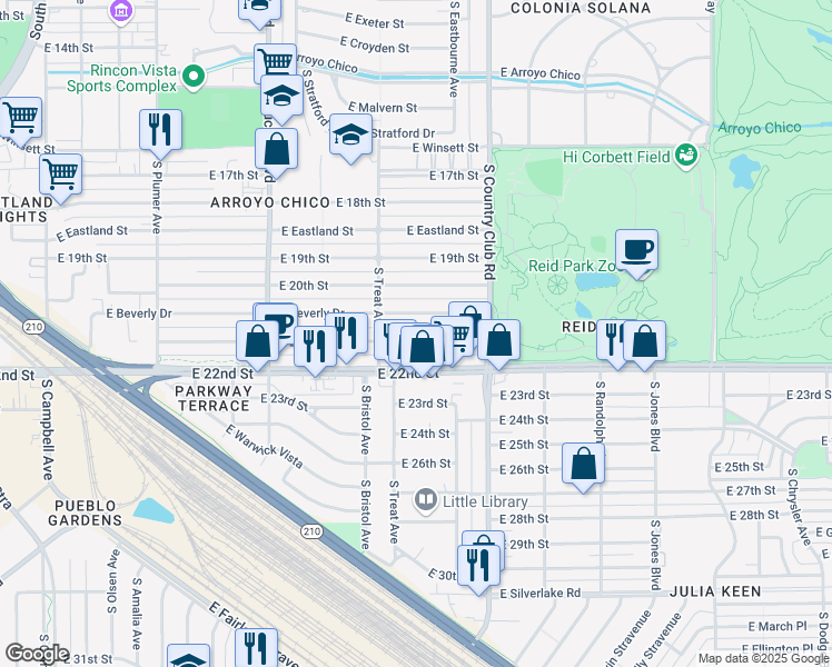map of restaurants, bars, coffee shops, grocery stores, and more near 2843 East 21st Street in Tucson