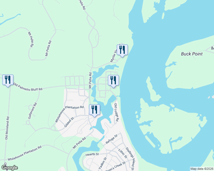 map of restaurants, bars, coffee shops, grocery stores, and more near 616 Old Palmetto Bluff Road in Bluffton