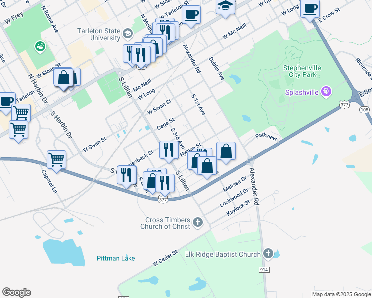 map of restaurants, bars, coffee shops, grocery stores, and more near 1395 Hyman Street in Stephenville