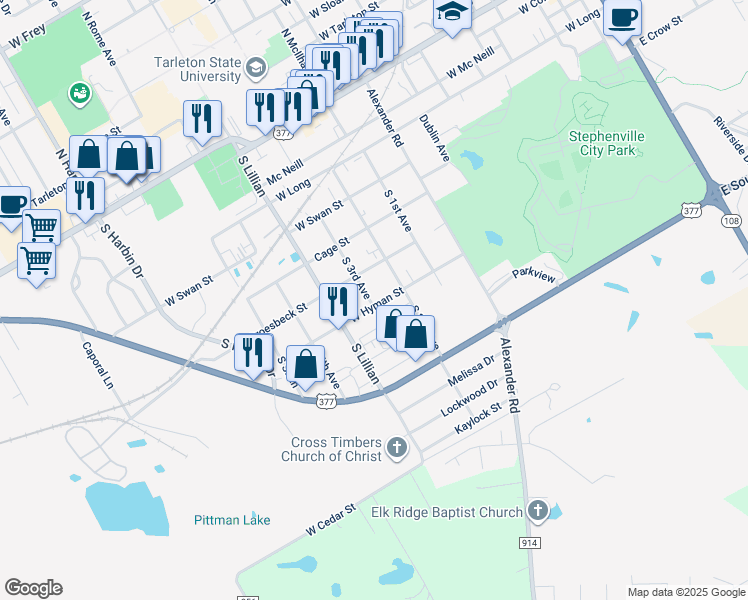 map of restaurants, bars, coffee shops, grocery stores, and more near 1395 Hyman Street in Stephenville
