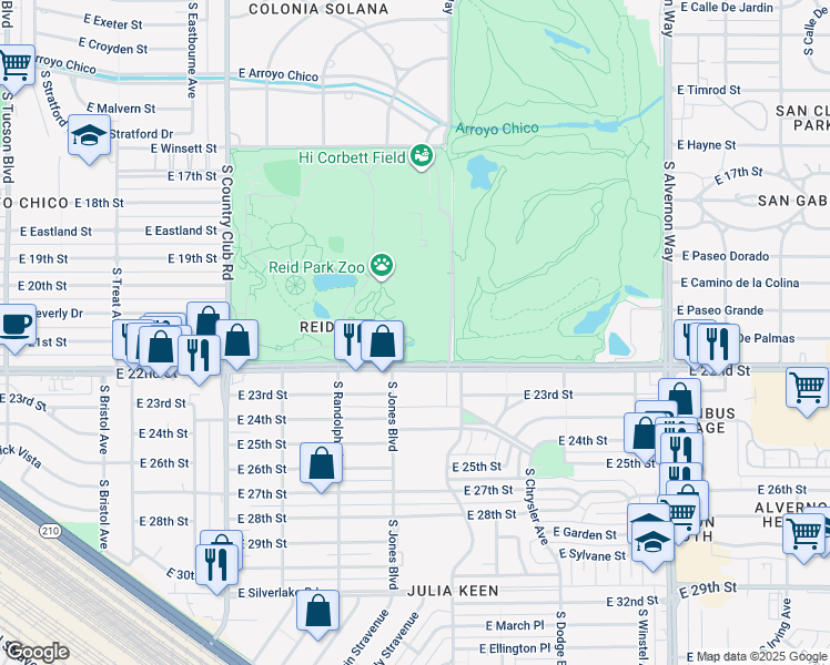 map of restaurants, bars, coffee shops, grocery stores, and more near 3400 East Zoo Court in Tucson