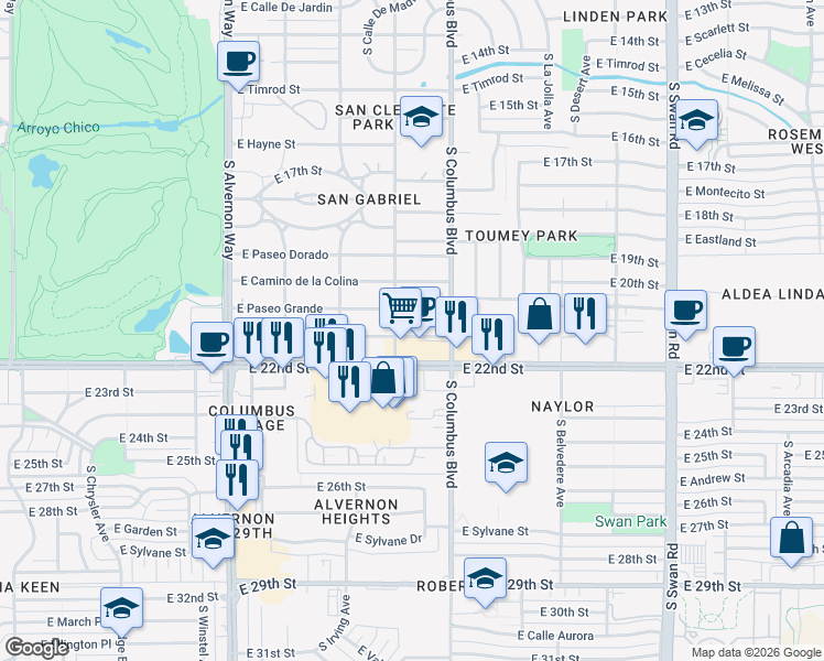 map of restaurants, bars, coffee shops, grocery stores, and more near 4205 East Camino De Palmas in Tucson