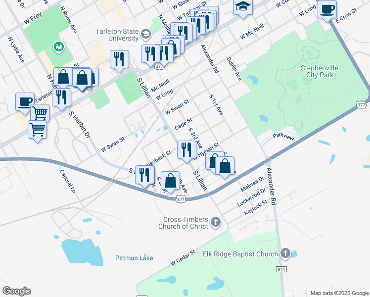 map of restaurants, bars, coffee shops, grocery stores, and more near 701 South Lillian in Stephenville