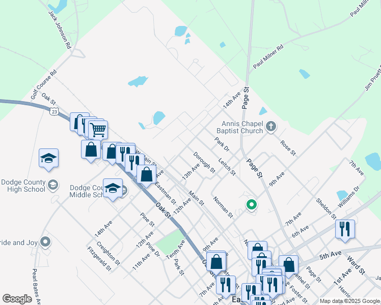 map of restaurants, bars, coffee shops, grocery stores, and more near 5833 Dorough Street in Eastman