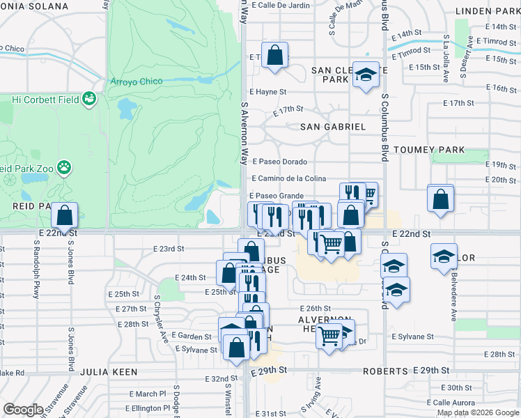 map of restaurants, bars, coffee shops, grocery stores, and more near 3911 East Camino De Palmas in Tucson