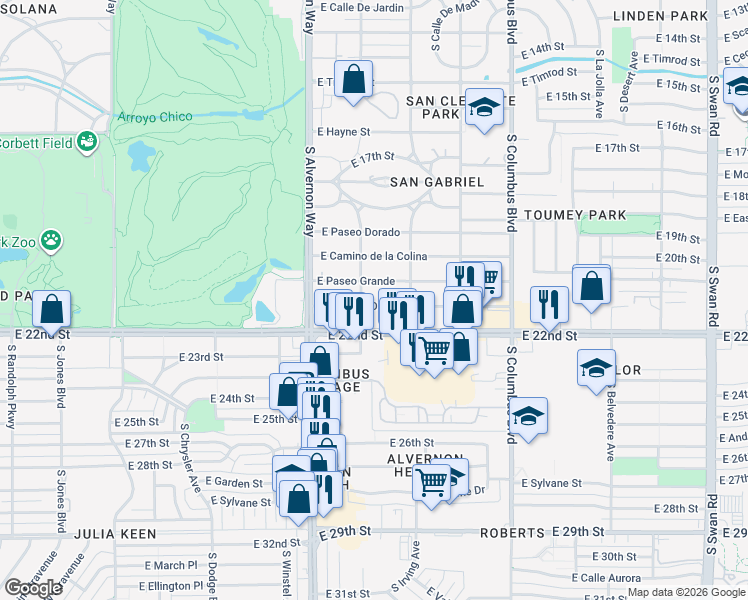 map of restaurants, bars, coffee shops, grocery stores, and more near 4019 East Camino De Palmas in Tucson