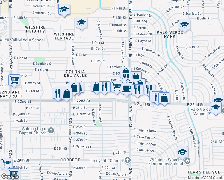 map of restaurants, bars, coffee shops, grocery stores, and more near 6172 East 21st Street in Tucson