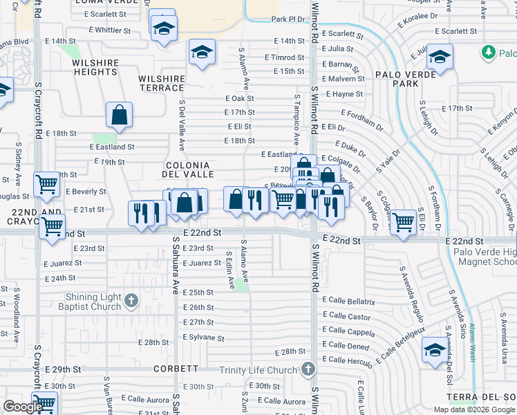 map of restaurants, bars, coffee shops, grocery stores, and more near 6102 East 21st Street in Tucson
