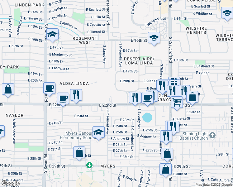 map of restaurants, bars, coffee shops, grocery stores, and more near 5120 East 21st Street in Tucson