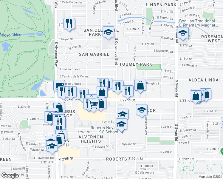 map of restaurants, bars, coffee shops, grocery stores, and more near 4225 East Camino De Palmas in Tucson