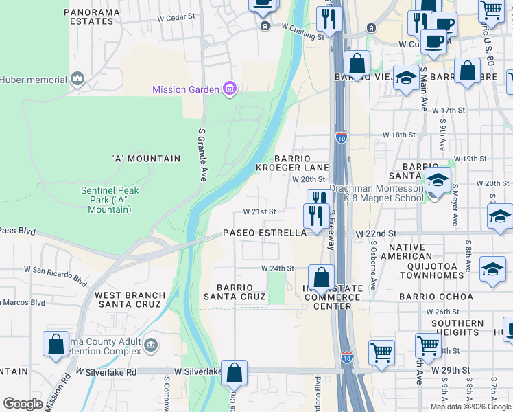 map of restaurants, bars, coffee shops, grocery stores, and more near 936 West 21st Street in Tucson