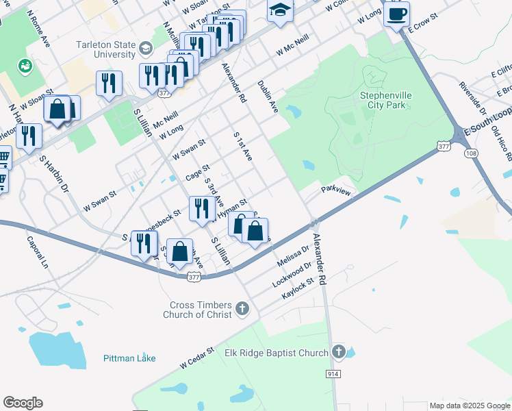 map of restaurants, bars, coffee shops, grocery stores, and more near 1290 West Hyman Street in Stephenville