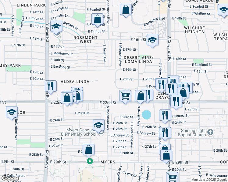 map of restaurants, bars, coffee shops, grocery stores, and more near 5120 East 21st Street in Tucson
