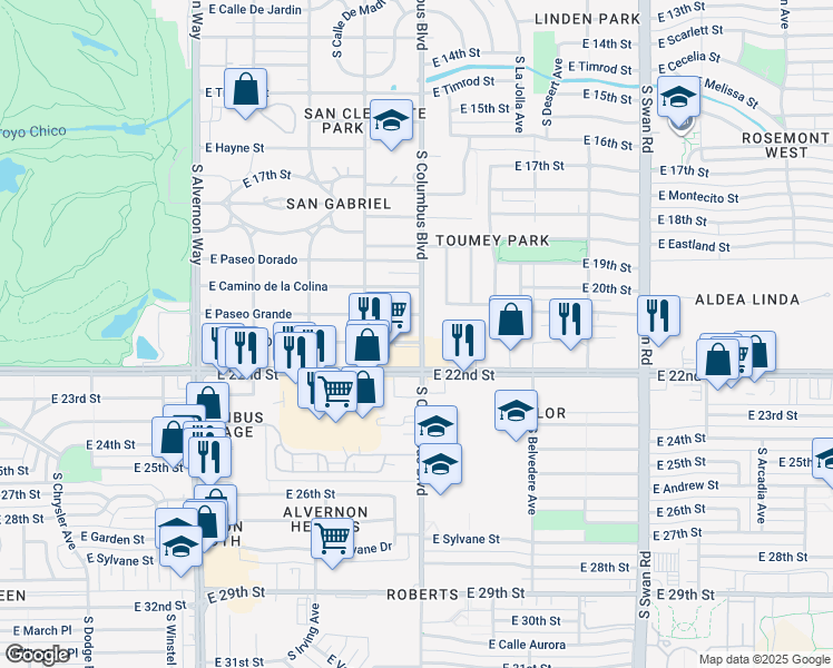 map of restaurants, bars, coffee shops, grocery stores, and more near 4225 East Camino De Palmas in Tucson