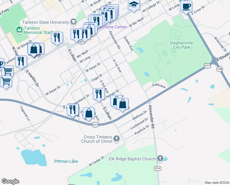 map of restaurants, bars, coffee shops, grocery stores, and more near 1334 West Hyman Street in Stephenville