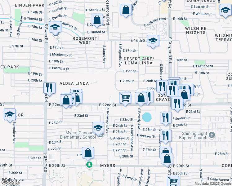 map of restaurants, bars, coffee shops, grocery stores, and more near 5120 East 21st Street in Tucson