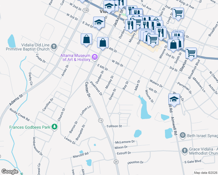 map of restaurants, bars, coffee shops, grocery stores, and more near 804 Mosley Street in Vidalia