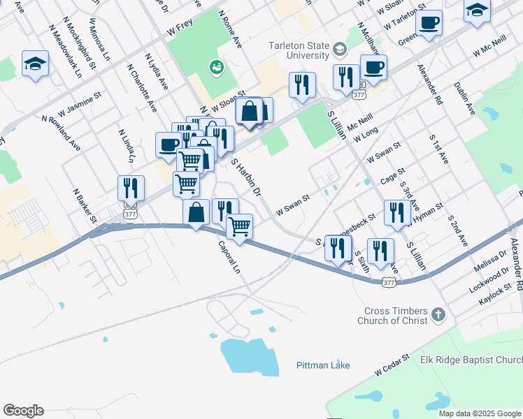map of restaurants, bars, coffee shops, grocery stores, and more near 230 South Greenview Drive in Stephenville