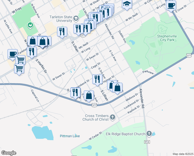 map of restaurants, bars, coffee shops, grocery stores, and more near 701 South Lillian in Stephenville