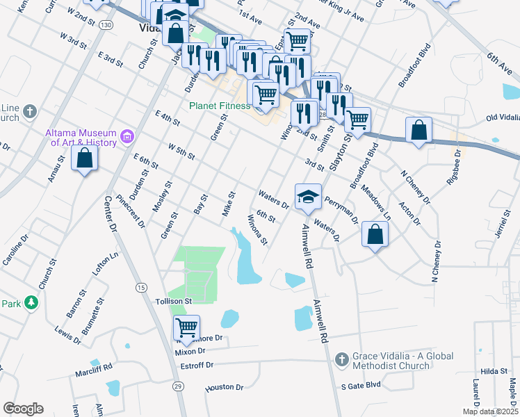 map of restaurants, bars, coffee shops, grocery stores, and more near 803 6th Street in Vidalia