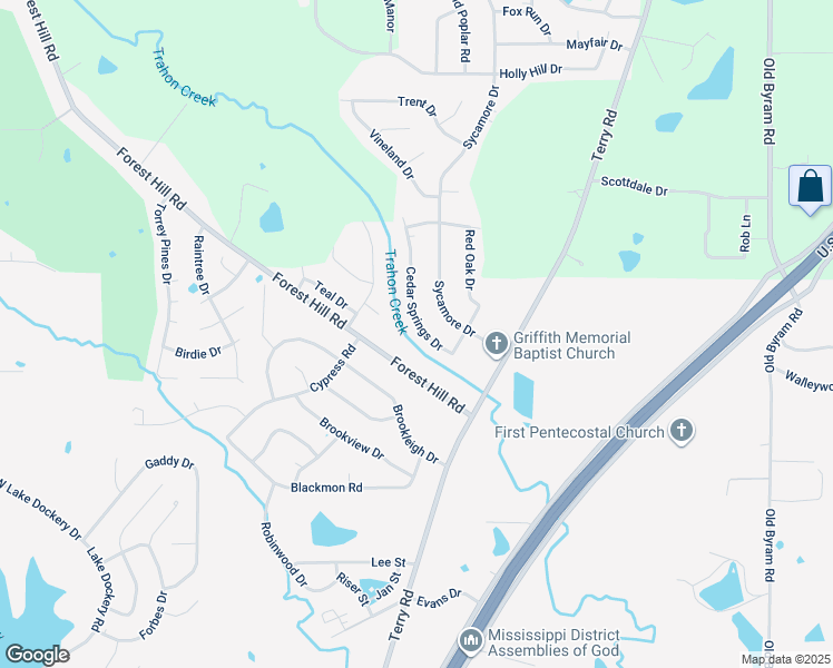map of restaurants, bars, coffee shops, grocery stores, and more near 657 Cedar Springs Drive in Jackson