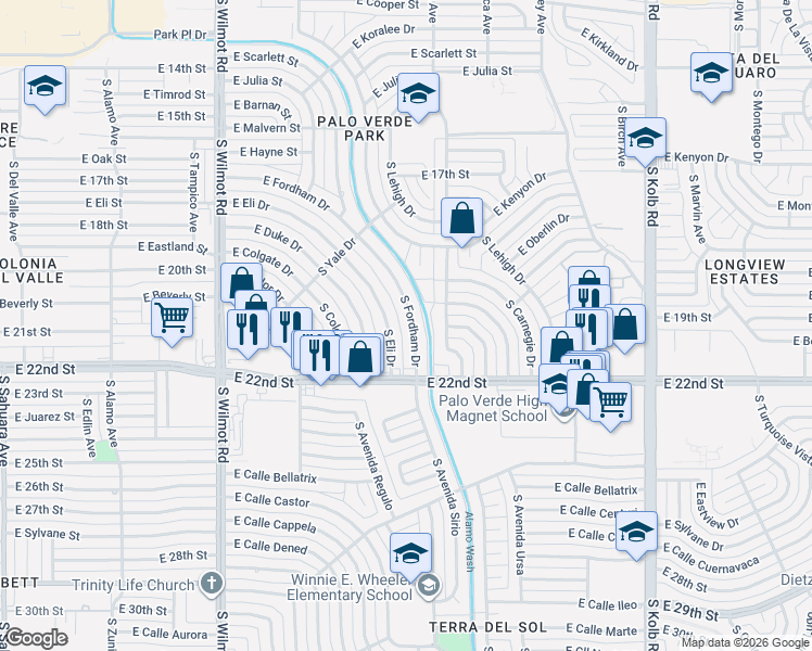 map of restaurants, bars, coffee shops, grocery stores, and more near 1025 South Fordham Drive in Tucson