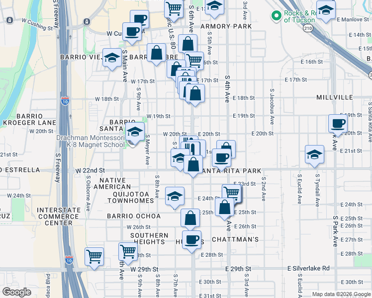 map of restaurants, bars, coffee shops, grocery stores, and more near 1100 South 6th Avenue in Tucson
