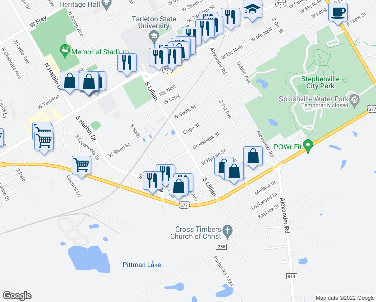 map of restaurants, bars, coffee shops, grocery stores, and more near 1501 Groesbeck Street in Stephenville