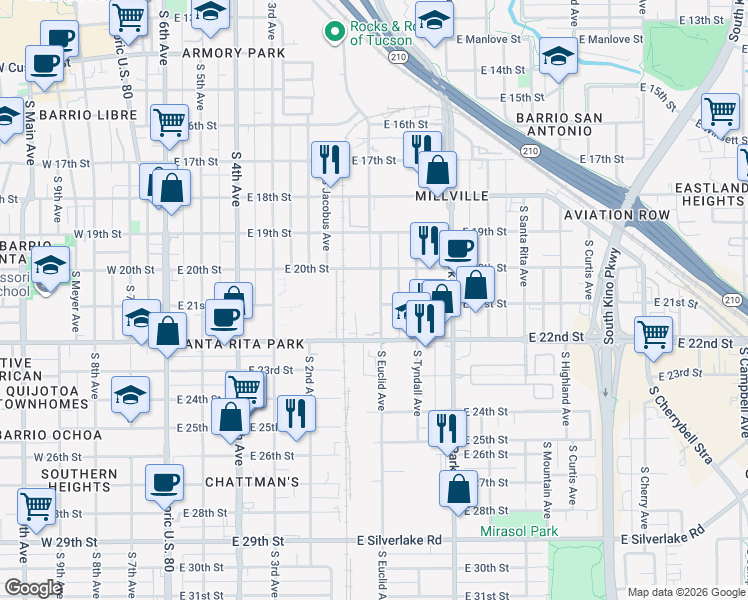 map of restaurants, bars, coffee shops, grocery stores, and more near 701 East 21st Street in Tucson