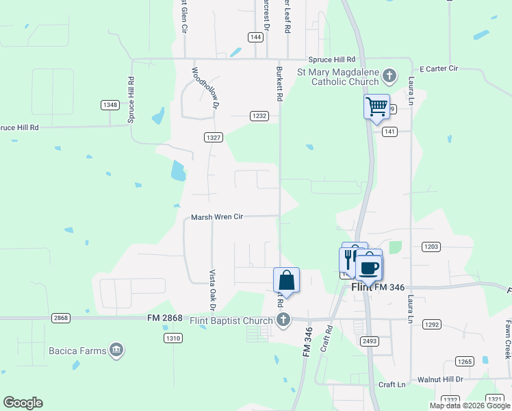 map of restaurants, bars, coffee shops, grocery stores, and more near 11160 Marsh Wren Circle in Flint