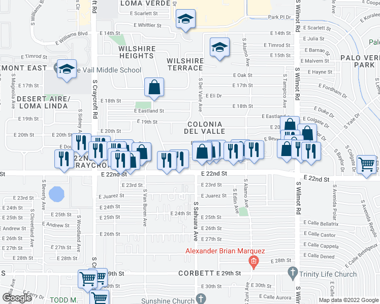 map of restaurants, bars, coffee shops, grocery stores, and more near 5907 East 21st Street in Tucson