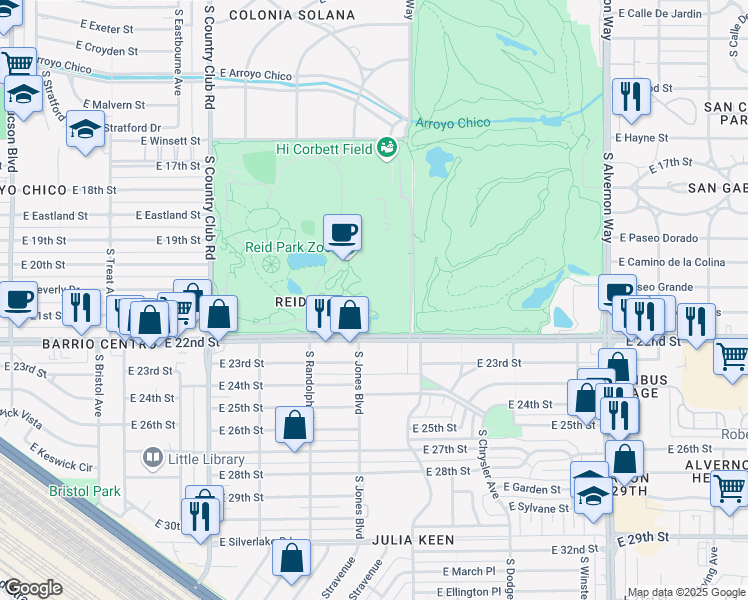 map of restaurants, bars, coffee shops, grocery stores, and more near 1100 S Randolph Way in Tucson