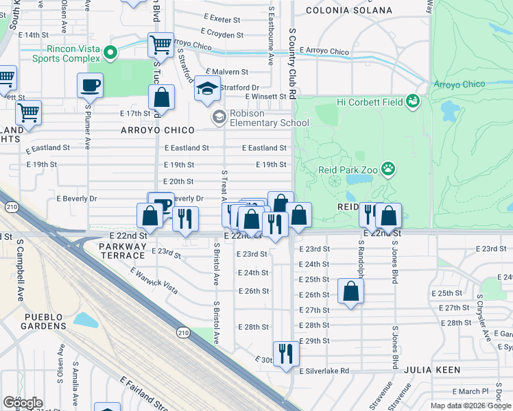 map of restaurants, bars, coffee shops, grocery stores, and more near 2843 East 21st Street in Tucson