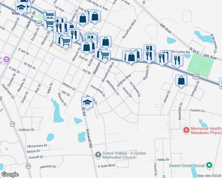 map of restaurants, bars, coffee shops, grocery stores, and more near 400 Virginia Way in Vidalia