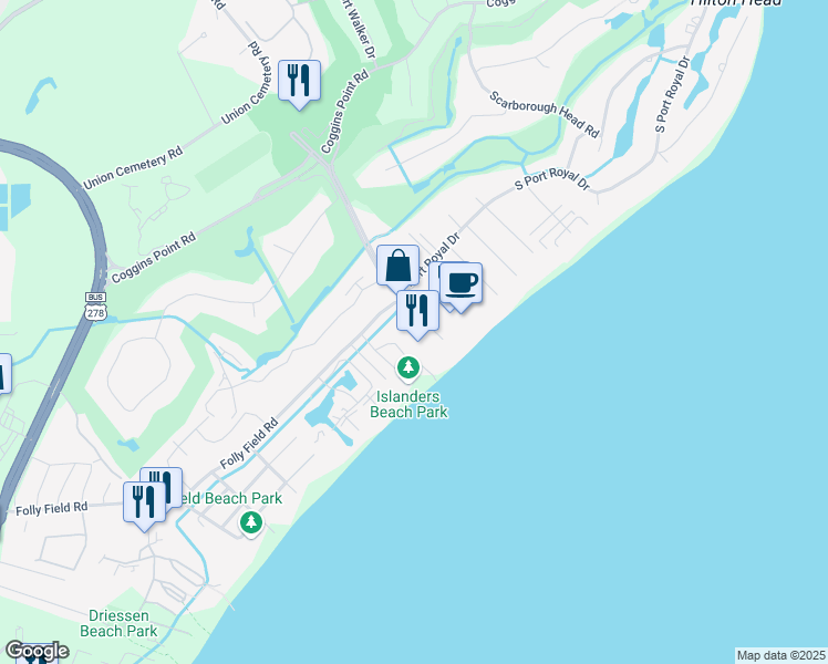 map of restaurants, bars, coffee shops, grocery stores, and more near 5 Grasslawn Avenue in Hilton Head Island