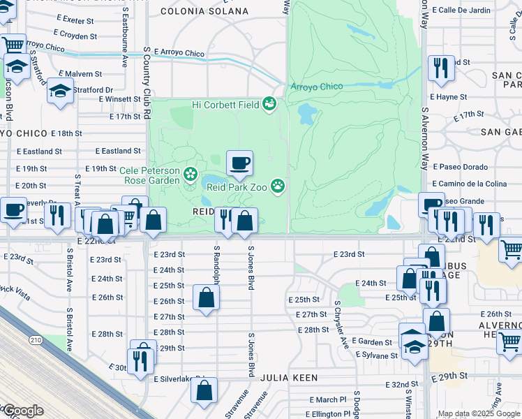 map of restaurants, bars, coffee shops, grocery stores, and more near 1100 South Randolph Way in Tucson