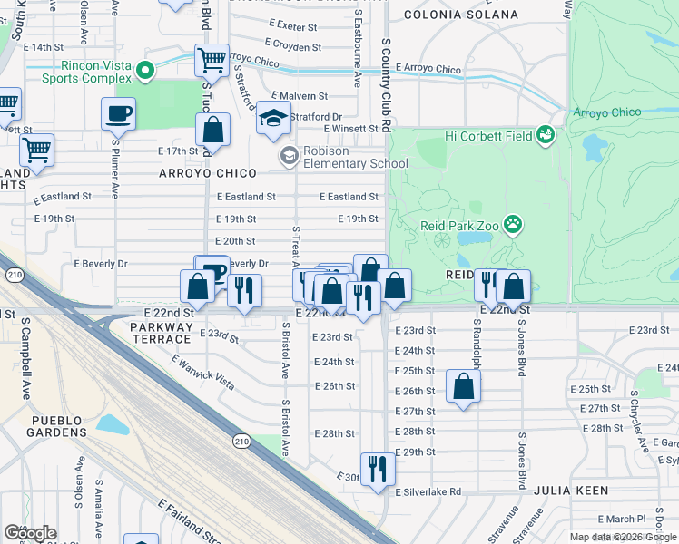 map of restaurants, bars, coffee shops, grocery stores, and more near 2843 East 21st Street in Tucson