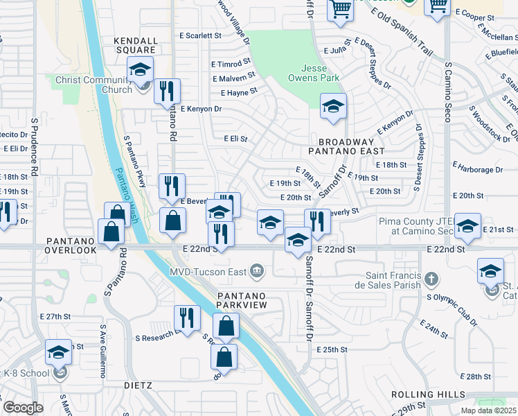 map of restaurants, bars, coffee shops, grocery stores, and more near 8131 East Beverly Street in Tucson