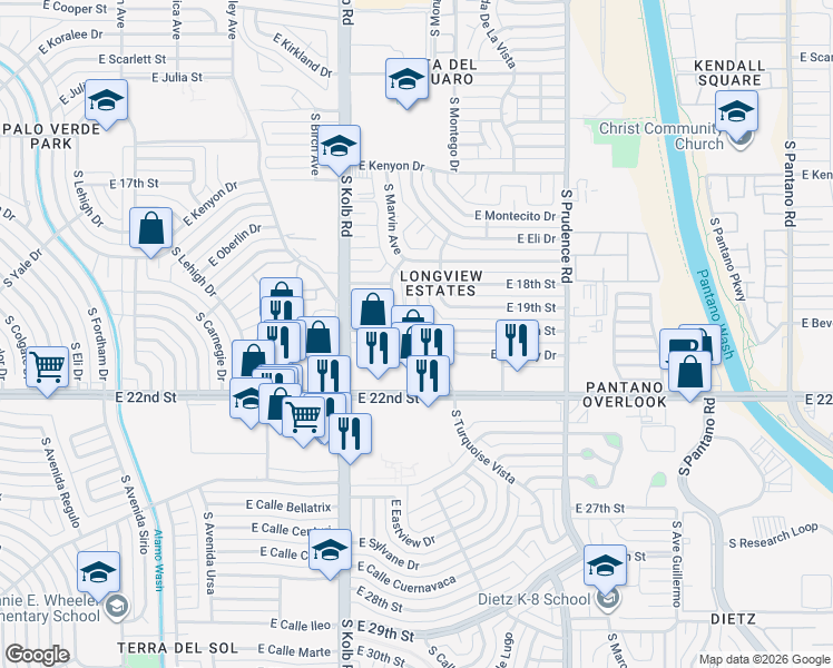 map of restaurants, bars, coffee shops, grocery stores, and more near 7232 East 19th Street in Tucson