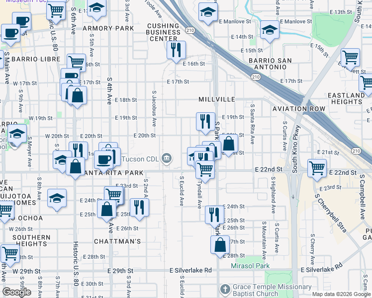 map of restaurants, bars, coffee shops, grocery stores, and more near 701 East 21st Street in Tucson