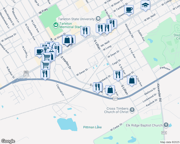 map of restaurants, bars, coffee shops, grocery stores, and more near 302 West Swan Street in Stephenville