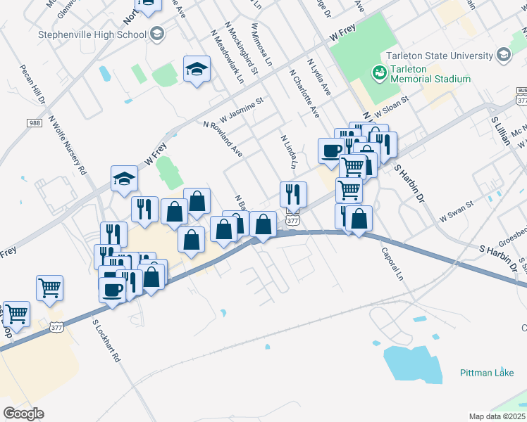 map of restaurants, bars, coffee shops, grocery stores, and more near 2315 West Washington Street in Stephenville