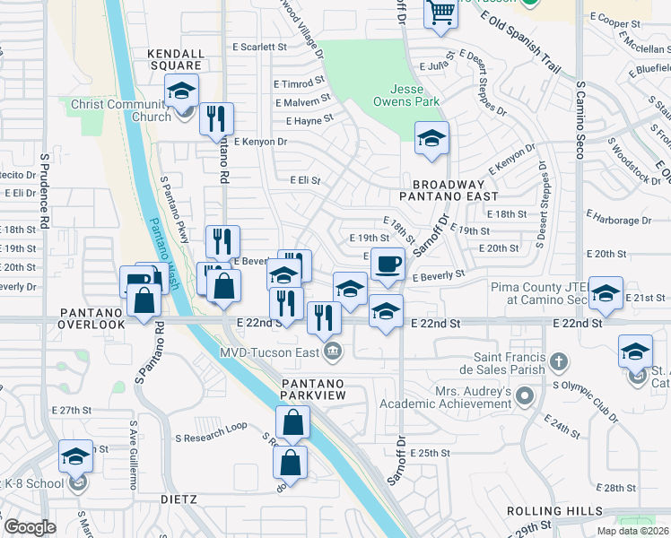 map of restaurants, bars, coffee shops, grocery stores, and more near 8140 East Beverly Street in Tucson