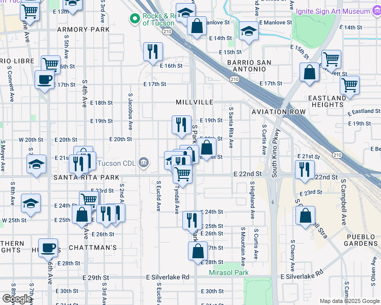map of restaurants, bars, coffee shops, grocery stores, and more near 51110 East 21st Street in Tucson