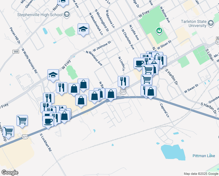 map of restaurants, bars, coffee shops, grocery stores, and more near 2315 West Washington Street in Stephenville