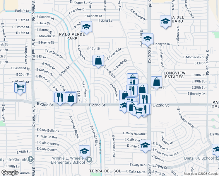 map of restaurants, bars, coffee shops, grocery stores, and more near 1106 South Duquesne Drive in Tucson