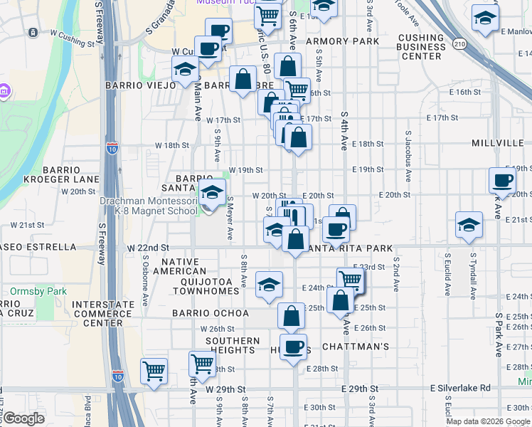 map of restaurants, bars, coffee shops, grocery stores, and more near 102 West 21st Street in Tucson