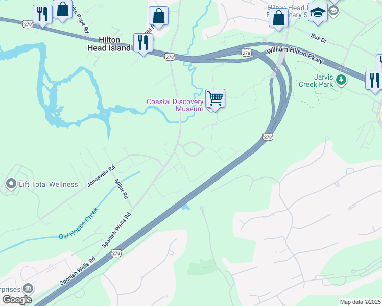 map of restaurants, bars, coffee shops, grocery stores, and more near 21 Jarvis Creek Lane in Hilton Head Island