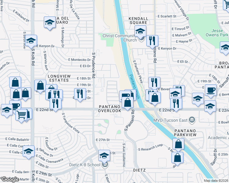 map of restaurants, bars, coffee shops, grocery stores, and more near 7655 East Saguaro Overlook Drive in Tucson