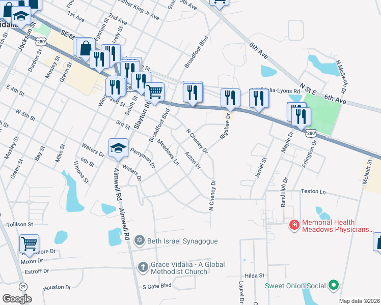 map of restaurants, bars, coffee shops, grocery stores, and more near 1407 Acton Drive in Vidalia